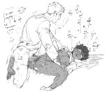  2boys absurdres arm_grab bite_mark bite_mark_on_chest bite_mark_on_leg blush bottomless clothes_lift cropped_legs crying crying_with_eyes_open cuntboy cuntboy_with_male dark-skinned_male dark_skin drooling dungeon_meshi english_commentary english_text female_ejaculation greyscale hand_on_another&#039;s_chest highres jesuistae kabru laios_touden long_sleeves lying male_focus monochrome multiple_boys nipples on_back open_mouth paper penis pussy pussy_juice saliva sex shirt_lift simple_background single_sock socks speech_bubble sweat tears testicles upturned_eyes vaginal white_background 