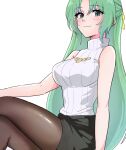  1girl :3 arm_support bare_shoulders black_skirt blush breasts casual closed_mouth crossed_legs green_eyes green_hair highres higurashi_no_naku_koro_ni jewelry large_breasts long_hair looking_at_viewer pantyhose pencil_skirt ponytail ribbed_sweater shirt simple_background sitting skirt sleeveless sleeveless_turtleneck smile solo sonozaki_shion sweater thighs turtleneck turtleneck_sweater very_long_hair white_background white_sweater yuno_ff 