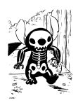  2017 3_toes 4_fingers alien bag black_and_white bone costume disney experiment_(species) fence halloween holding_object holidays leaf lilo_and_stitch littlereddog monochrome notched_ear sidewalk signature skeleton solo stitch toes traditional_media_(artwork) walking 