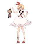  1boy 1girl ankle_strap blonde_hair blue_eyes blush bow chibi commentary dress english_commentary hair_bow hair_ornament hairclip highres holding kagamine_len kagamine_rin neckerchief open_mouth sailor_dress short_hair sleeveless sleeveless_dress smile solarismelody vocaloid 