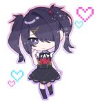  1girl ame-chan_(needy_girl_overdose) black_hair black_ribbon black_skirt black_socks bright_pupils chibi closed_mouth collared_shirt full_body hair_ornament hair_over_one_eye hand_up heart hino_awai long_hair looking_at_viewer neck_ribbon needy_girl_overdose outline pixel_heart red_shirt ribbon sample_watermark shirt signature skirt socks solo suspender_skirt suspenders twintails watermark white_background white_pupils x_hair_ornament 