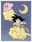  2boys black_eyes black_hair blue_eyes border closed_mouth colored_skin commentary crescent_moon crossover dougi dragon_ball dragon_ball_(classic) english_commentary flying_nimbus highres kirby kirby_(series) male_focus medium_hair monkey_tail moon multiple_boys night open_mouth orange_pants orange_shirt outdoors pants pink_skin shirt smile son_goku spiked_hair star_(sky) tail warp_star wesatinthecar white_border 