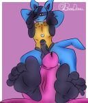  anthro big_penis bored brunisdraws erection feet foot_fetish foot_focus foot_play footjob generation_4_pokemon genitals hi_res looking_at_viewer lucario lying male male/male nintendo nude penis plantigrade pokemon pokemon_(species) resting_on_arms sex tail 