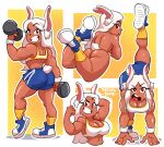 animal_ears animal_humanoid animal_tail big_breasts big_butt blue_bottomwear blue_clothing blue_footwear blue_shoes blue_shorts bottomwear breasts butt cleavage clothed clothing dark_body dark_skin eyelashes female flexing flexing_bicep footwear fur hair hand_behind_head hi_res humanoid lagomorph lagomorph_humanoid leporid_humanoid looking_at_viewer looking_back looking_back_at_viewer lying mammal mammal_humanoid my_hero_academia nude on_front open_mouth patatadave rabbit_humanoid raised_leg rear_view red_eyes rumi_usagiyama shoes shorts simple_background smile socks solo thick_thighs topwear weights white_background white_body white_clothing white_fur white_hair white_topwear wide_hips yellow_background yellow_clothing yellow_footwear yellow_socks