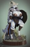 anthro areola axe big_areola big_breasts blonde_hair breasts brown_areola cleavage clothed clothing dark_areola equid equine female fur galacticmichi hair hooves huge_areola huge_breasts lips lipstick makeup mammal melee_weapon muscular muscular_anthro muscular_female muscular_thighs shield solo weapon white_body white_fur