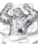  1boy abs animal_ears arknights armpits arms_up bara belly_rub closed_eyes cross_scar disembodied_limb english_commentary furry furry_male highres lodgebert male_focus mountain_(arknights) nipples on_bed pectorals scar scar_across_eye scar_on_cheek scar_on_face tiger_boy tiger_ears tiger_stripes tongue tongue_out topless_male 