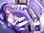  1girl :3 absurdres ahoge black_choker bow bowtie chair choker collarbone cup desk from_above gaming_chair glasses hair_between_eyes henya_the_genius henya_the_genius_(2nd_costume) highres kaminose_(user_veum4325) keyboard_(computer) livestream microphone monitor mouse_(computer) pantyhose purple_hair purple_sailor_collar round_eyewear sailor_collar school_uniform shirt short_hair sitting sparkle swivel_chair virtual_youtuber vshojo white_pantyhose white_shirt yellow_bow yellow_bowtie yellow_eyes 