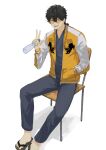  1boy black_hair bottle chair glasses hand_in_pocket highres jacket multicolored_clothes multicolored_jacket open_mouth pants round_eyewear s_m_n_325 sandals shadow sitting solo togame_jou two-tone_jacket water_bottle wind_breaker_(nii_satoru) 