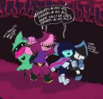  &lt;3 axe blush caprine deltarune dialogue dragon english_text goat hat human kris_(deltarune) lancer_(deltarune) lizard mammal melee_weapon orangelemon ralsei reptile scalie scarf singing susie_(deltarune) text unknown_species weapon 