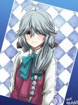  ahoge argyle argyle_background artist_name bangs black_bow black_ribbon blue_bow blue_neckwear blush bow bowtie braid check_commentary collared_shirt commentary_request dated dress eyes_visible_through_hair grey_hair h2_(h20000000) hair_bow hair_over_eyes hair_over_shoulder hair_ribbon hamanami_(kantai_collection) highres kantai_collection long_hair long_sleeves looking_at_viewer outline partial_commentary pleated_dress purple_dress revision ribbon school_uniform shirt single_braid smile solo tress_ribbon umbrella upper_body white_outline white_shirt yellow_eyes 