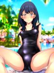  arms_behind_back bangs black_hair black_swimsuit blue_eyes blue_sky blurry blush breasts closed_mouth cloud collarbone crotch day depth_of_field embarrassed eyebrows_visible_through_hair feet_out_of_frame frown grass highres hips long_hair looking_at_viewer medium_hair nike_(0306) old_school_swimsuit one-piece_swimsuit outdoors palm_tree photo_background raised_eyebrows reflection school_swimsuit shiny shiny_clothes shiny_skin sitting sky small_breasts solo spread_legs ssss.gridman strap_slip swimsuit takarada_rikka thighs tree water 