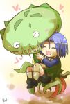  1boy aged_down black_shorts blue_hair carnivine carrying chibi closed_eyes happy heart james_(pokemon) kamille0005 open_mouth pokemon pokemon_(anime) pokemon_(creature) princess_carry shorts socks white_socks yellow_background 