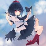  1girl black_hair black_necktie black_skirt book detached_wings feathered_wings geta hat holding holding_book holding_pencil medium_hair necktie pencil red_eyes red_footwear shameimaru_aya shirt single_wing skirt solo sparkle tengu-geta tokin_hat touhou white_shirt wings yoruuta 