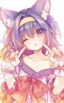  1girl ;o amatsuji animal_ear_fluff animal_ears bare_shoulders blue_hair blush bow collarbone commentary_request eyes_visible_through_hair fox_ears fox_girl frilled_wrist_cuffs frills gradient_hair hair_between_eyes hair_intakes hairband hands_up hatsuse_izuna head_tilt highres index_fingers_raised looking_at_viewer medium_hair multicolored_hair no_game_no_life one_eye_closed open_mouth purple_eyes purple_hair red_bow signature simple_background solo upper_body white_background wrist_cuffs yellow_hairband 