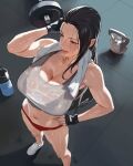  1girl arm_behind_head bare_legs bare_shoulders black_gloves black_hair bottle bra_visible_through_clothes breasts cleavage collarbone english_commentary final_fantasy final_fantasy_vii fingerless_gloves from_above gloves grey_sports_bra hand_on_own_hip highres hintobento huge_breasts kettlebell long_hair micro_shorts navel parted_lips red_eyes red_shorts see-through see-through_shirt shorts solo sports_bra stomach sweat sweaty_clothes thighs tifa_lockhart tile_floor tiles toned_female towel towel_around_neck very_long_hair very_sweaty water_bottle weights white_footwear 