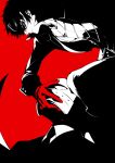  2boys amamiya_ren blood blood_on_face character_request closed_mouth coat eye_mask gloves greyscale_with_colored_background hand_on_another&#039;s_face long_sleeves male_focus messy_hair multiple_boys necktie persona persona_5 red_background red_eyes red_gloves short_hair suit zmore 