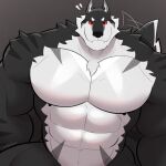abs anthro barazoku biceps big_muscles black_body black_fur canid canine canis countershade_fur countershading fur hi_res huge_muscles looking_at_viewer male mammal muscular muscular_anthro muscular_male pecs solo thesharksame white_body white_countershading white_fur wolf