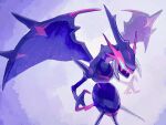  assault_visor claws colored_skin dragon fusenryo glowing glowing_eyes hashtag-only_commentary naganadel one-eyed open_mouth pokemon pokemon_(creature) purple_background purple_skin purple_wings shoulder_spikes solo spikes wings 