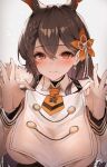  1girl animal_ears azur_lane blush braid breast_curtain breast_curtain_lift breasts brown_hair chikuma_(azur_lane) closed_mouth commentary_request extra_ears flower hair_between_eyes hair_ornament hands_up highres large_breasts lifted_by_self long_hair long_sleeves looking_at_viewer mole mole_under_mouth necktie orange_eyes orange_flower orange_necktie rabbit_ears sea_nami short_necktie side_braid smile solo 