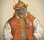 ambiguous_gender anthro bovid bovine clothing dragon fire hairy jacket letterman_jacket male mammal mythological_creature mythological_scalie mythology one_eye_closed scalie scottsktch topwear wink