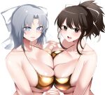  2girls absurdres asuka_(senran_kagura) azareiya_0702 bikini blue_eyes blush bow breast_press breasts brown_eyes brown_hair cleavage commentary gold_bikini grey_hair hair_bow hair_ribbon highres holding_hands huge_breasts interlocked_fingers looking_at_viewer medium_hair multiple_girls open_mouth ponytail ribbon senran_kagura short_ponytail simple_background smile striped_bow swimsuit symmetrical_docking teeth upper_body upper_teeth_only white_background white_bow white_ribbon yumi_(senran_kagura) 