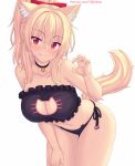  1girl animal_ears black_bra black_choker black_panties blonde_hair blush bra breasts cat_ears cat_girl cat_lingerie cat_tail choker cleavage cleavage_cutout closed_mouth clothing_cutout collarbone commentary cowboy_shot english_commentary hair_ornament hand_up highres large_breasts long_hair looking_at_viewer meme_attire nottytiffy original panties patreon_username ponytail red_eyes side-tie_panties simple_background smile solo tail thighs tiffy_(nottytiffy) underwear white_background 