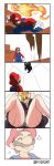  1girl 5koma absurdres blonde_hair bowser bowsette breasts comic dress facial_hair from_below gloves goomba grey_panties grin hat highres large_breasts mario mario_(series) mustache new_super_mario_bros._u_deluxe nisego overalls panties pantyshot pointy_ears ponytail print_panties smile super_crown super_mario_bros._3 thick_eyebrows underwear white_gloves 