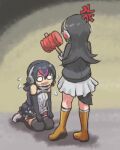  2girls anger_vein bare_shoulders black_gloves black_hair black_skirt black_sweater black_thighhighs boots crying crying_with_eyes_open elbow_gloves flying_sweatdrops gentoo_penguin_(kemono_friends) gloves hair_between_eyes hane_(kirschbaum) headphones highres holding holding_toy hood hood_down humboldt_penguin_(kemono_friends) kemono_friends kemono_friends_v_project long_hair long_sleeves multiple_girls penguin_girl penguin_tail pleated_skirt purple_hair seiza short_hair sidelocks sitting skirt sweater tail tears thighhighs toy toy_hammer virtual_youtuber wavy_mouth white_skirt white_sweater yellow_footwear zettai_ryouiki 