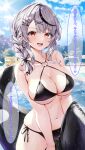  1girl :d bikini black_bikini blue_sky braid breasts cloud day grey_hair hazuki_yuzuru highres hololive inflatable_orca inflatable_toy large_breasts navel outdoors red_eyes riding sakamata_chloe sky smile solo speech_bubble stomach swimsuit translation_request virtual_youtuber water 