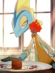 anthro blue_body clothed clothing flower flower_in_mouth generation_8_pokemon inko_910 inteleon looking_at_viewer male nintendo plant pokemon pokemon_(species) red_flower rose_(flower) solo 