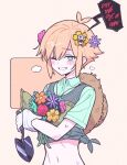  1boy basil_(faraway)_(omori) basil_(omori) blonde_hair blue_eyes blush crop_top english_text flower flowey_(undertale) hair_flower hair_ornament highres holding holding_flower holding_shovel looking_at_viewer mechafrshrimp omori parted_lips short_hair shovel smile speech_bubble sweat teeth undertale upper_body 