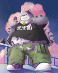 anthro bell bell_collar belly belt bygul clothing collar domestic_cat felid feline felis fur hi_res japanese_text lifewonders live_a_hero male mammal novembe41511045 overweight purple_body purple_eyes purple_fur shirt sky smile solo star starry_sky striped_body striped_fur stripes t-shirt text topwear zipper