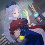  1girl book book_stack bowl bunsen_burner looking_at_object mortar_(bowl) pestle ponytail solo test_tube touhou yagokoro_eirin yellow_eyes yoruuta 