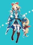  ;d antenna_hair blonde_hair blue_background blue_eyes boots clenched_hands eyebrows_visible_through_hair full_body hair_ribbon highres knee_boots long_hair looking_at_viewer low-tied_long_hair midriff miyuki_(pixiv28437652) navel one_eye_closed open_mouth oshiro_project oshiro_project_re pleated_skirt ribbon shiryoukaku_(oshiro_project) simple_background skirt smile solo thighhighs white_legwear 
