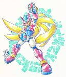  1boy armor artist_logo biometal black_bodysuit blonde_hair bodysuit boots commentary_request cropped_jacket crotch_plate dated forehead_jewel full_body green_eyes henshin_pose highres holding jacket long_hair male_focus mega_man_(series) mega_man_zx model_x_(mega_man) model_z_(mega_man) model_zx_(mega_man) open_clothes open_jacket pn13ban power_armor red_armor red_footwear vent_(mega_man) 