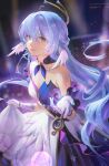  1girl aqua_eyes bare_shoulders breasts cleavage closed_mouth detached_sleeves dress duetrofl floating_hair gloves hair_between_eyes hand_up honkai:_star_rail honkai_(series) long_hair looking_at_viewer purple_dress purple_hair robin_(honkai:_star_rail) short_sleeves smile solo two-tone_dress white_dress white_gloves 