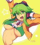  1girl :d arm_up ascot breasts commentary_request green_eyes green_hair gumi hair_between_eyes jacket long_sleeves looking_at_viewer medium_hair metata orange_jacket smile solo star_(symbol) teeth underboob upper_body vocaloid white_ascot yellow_background 