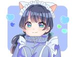  1girl animal_ears blue_background blue_eyes blue_hair blue_jacket blue_ribbon blush border cat_ears closed_mouth commentary dark_blue_hair fake_animal_ears hair_ribbon harusame_soup_(har_s_k) heart heart-shaped_pupils high_collar jacket jersey_maid link!_like!_love_live! long_hair long_sleeves looking_at_viewer love_live! low_twintails maid murano_sayaka outline outside_border ribbon sleeves_past_fingers sleeves_past_wrists smile solo split_mouth symbol-shaped_pupils track_jacket twintails unconventional_maid upper_body virtual_youtuber white_border white_outline 