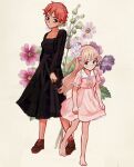  2girls barefoot black_dress blonde_hair breasts dress feet flesh_blood_&amp;_concrete flower freckles full_body height_difference io_(onisarashi) lera_(flesh_blood_&amp;_concrete) long_hair medium_breasts multiple_girls nika_(flesh_blood_&amp;_concrete) pink_dress red_hair shoes short_hair small_breasts 