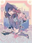  boots broom broom_riding brown_eyes brown_hair cloud hat highres kagari_atsuko little_witch_academia neck_ribbon open_mouth parororo ribbon sky smile trigger witch witch_hat 