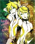  1boy 1girl aqua_eyes arm_warmers bare_shoulders blonde_hair blue_eyes bow brother_and_sister clothing_cutout detached_sleeves hair_ornament hair_ribbon hairclip headphones kagamine_len kagamine_len_(append) kagamine_rin kagamine_rin_(append) kiki_(kikiloid) leg_warmers navel ribbon short_hair shorts siblings smile thighhighs twins vocaloid vocaloid_append 