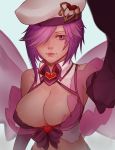  bare_shoulders beret breasts commission cupid_(monster_girl_encyclopedia) dark_skin elbow_gloves gloves hair_over_one_eye hat heart highres incoming_headpat large_breasts less light_smile lips looking_at_viewer monster_girl_encyclopedia pink_hair pov reaching_out short_hair simple_background solo upper_body white_background 