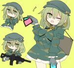  1girl 76gpo :d ability_card_(touhou) black_skirt boots box breasts brown_footwear camouflage camouflage_dress camouflage_headwear camouflage_jacket camouflage_shirt camouflage_skirt card cleavage commentary_request flat_cap gloves green_eyes green_gloves green_hair green_shirt green_skirt gun hand_on_headwear hat holding holding_card holding_weapon jacket key knees_up looking_at_viewer massakasama_(style) open_mouth partial_commentary shirt short_hair simple_background sitting skirt smile weapon yamashiro_takane yellow_background 