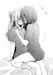  2girls blush closed_eyes commentary_request greyscale half_updo hand_on_another&#039;s_back hand_on_another&#039;s_shoulder heart highres long_hair lwmina70119 miyagi_shiori monochrome multiple_girls on_bed parted_lips sendai_hazuki shirt short_hair short_sleeves shuuniichido_classmate_wo_kau_hanashi sitting sitting_on_lap sitting_on_person socks sweat yuri 