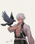  1boy abs animal_on_arm bare_pectorals belt bird bird_on_arm crow grey_background grey_hair hair_between_eyes katana kimetsu_no_yaiba krit long_sleeves looking_at_animal male_focus pectorals scar scar_on_arm scar_on_chest scar_on_face scar_on_forehead scar_on_nose shinazugawa_sanemi short_hair solo sword toned toned_male twitter_username weapon white_belt 