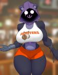  anthro bear big_breasts bottomwear breasts clothed clothing crop_top dfaop epic_games eye_scar facial_scar female fortnite front_view fur grey_body grey_fur hi_res hood hooters hotpants mammal midriff purple_eyes raven_team_leader scar shadow_face shirt shorts solo standing thick_thighs topwear 