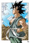  1boy black_hair blue_sky cloud dragon_ball dragon_ball_z from_side green_pants green_shirt hands_on_own_hips highres kakeru_(dbskakeru) looking_up muscular muscular_male pants sash shirt sky sleeveless sleeveless_shirt solo son_goku spiked_hair sweatband toriyama_akira_(style) waist_sash white_sash 