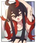  1girl ;o alternate_costume arm_up armpits black_hair blurry blurry_background border carmine_(pokemon) collarbone commentary_request crossed_bangs eyelashes fu_(tk1189227dhy) hair_between_eyes highres long_hair looking_at_viewer messy_hair mole mole_under_eye one_eye_closed outside_border pokemon pokemon_sv red_hair solo tears teeth upper_body upper_teeth_only white_border yawning yellow_eyes 