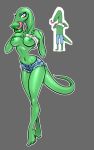  anthro bald barefoot breasts clothed clothing dahr digital_media_(artwork) eyeshadow female green_skin grey_background lizard lizzi_(nixelpixel) makeup nipples nixelpixel parody pyosyaverse reptile scalie shorts simple_background solo standing teeth tongue tongue_out under_boob walking 