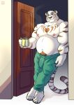  2024 absurd_res anthro belly biceps biped bottomwear bulge clothed clothing coffee_mug crossed_legs deltoids detailed_bulge door doorway drawstring eyewear felid female genital_outline glasses green_bottomwear green_clothing green_pants heart_symbol hi_res in_doorway inside leaning lomlynx looking_at_viewer male male_anthro mammal manly musclegut muscular navel nipples pantherine pants pants_only pecs penis_outline pubes slightly_chubby smile smiling_at_viewer solo steam sweatpants tiger topless triceps 